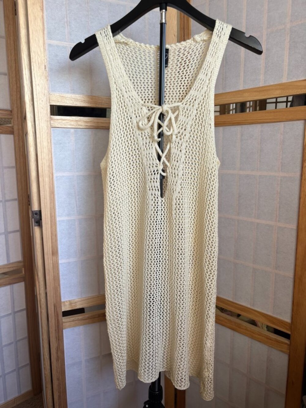 Windsor Open-Knit Cream Crochet Lace-Up Mini Dress Sz L